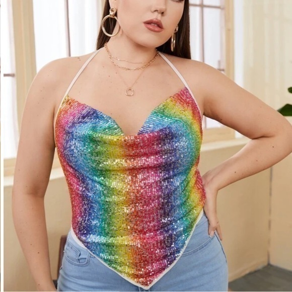 Rainbow Sequins Top Tie Back Halter Plus Size Gay Pride Disco Retro 80s Festival - Picture 1 of 8